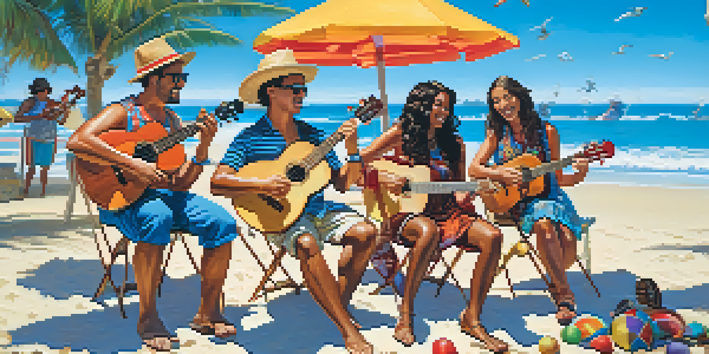 A diverse group of musicians playing ukuleles on a sunny beach, with ocean waves in the background.