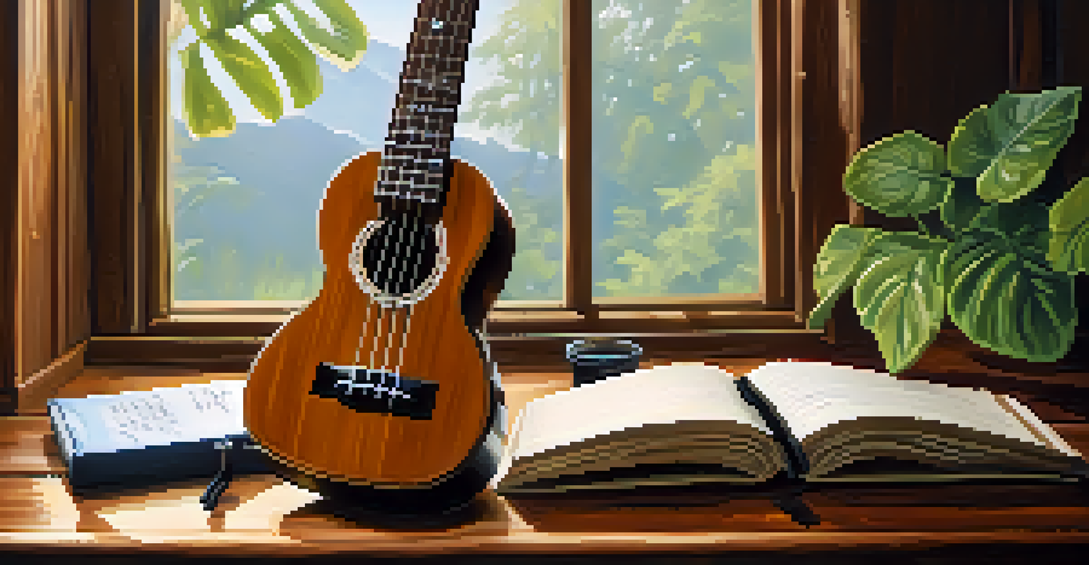 A close-up of a ukulele on a wooden table, accompanied by a notepad with lyrics and a pen.