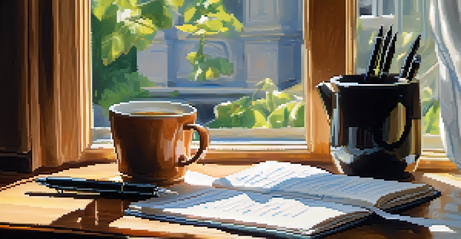 A close-up image of a hand writing in a journal with a fountain pen, surrounded by a ukulele and a cup of coffee, under soft afternoon light.