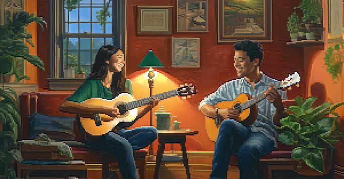 Two friends joyfully playing ukulele duets in a cozy indoor setting with warm lighting and musical decorations.