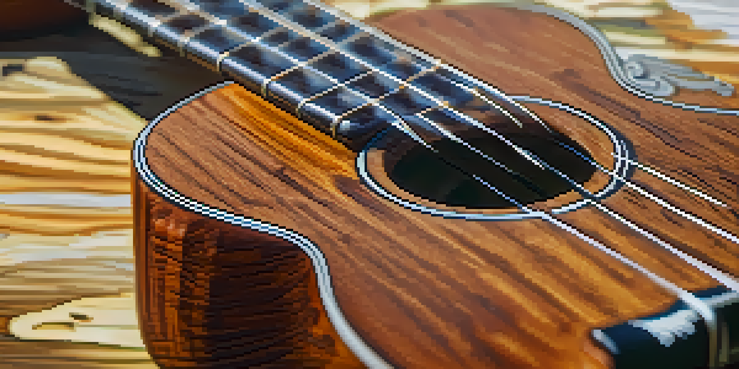 A close-up of a koa wood ukulele on a wooden table with a blurred tropical background.
