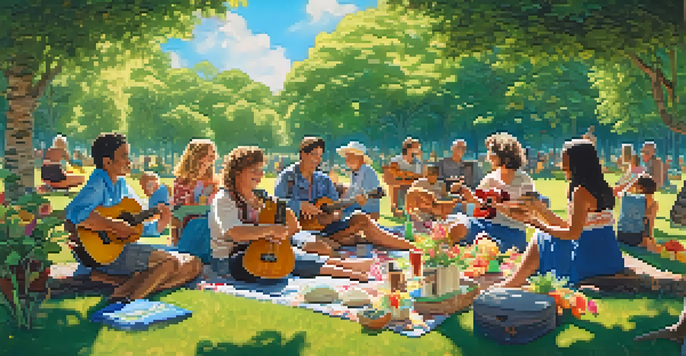 A diverse group of people playing ukuleles and singing in a sunny park, surrounded by greenery and flowers.
