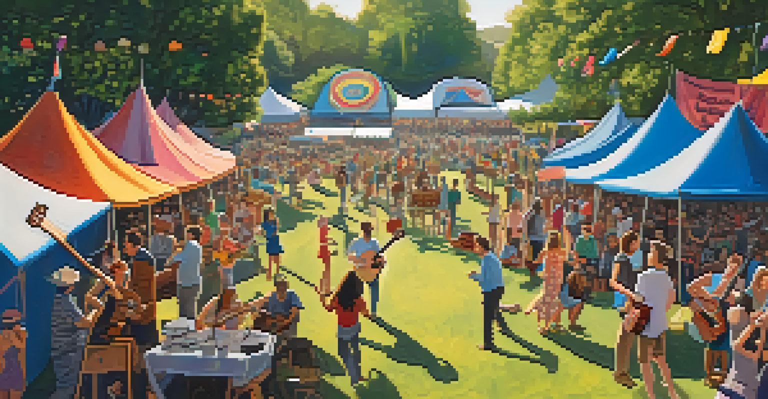 A vibrant ukulele festival in a park with musicians performing on stage and a joyful crowd enjoying the music in a festive atmosphere.