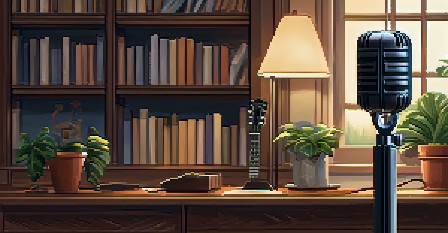 A microphone setup for recording a ukulele, with warm lighting and a soft-focus bookshelf in the background.