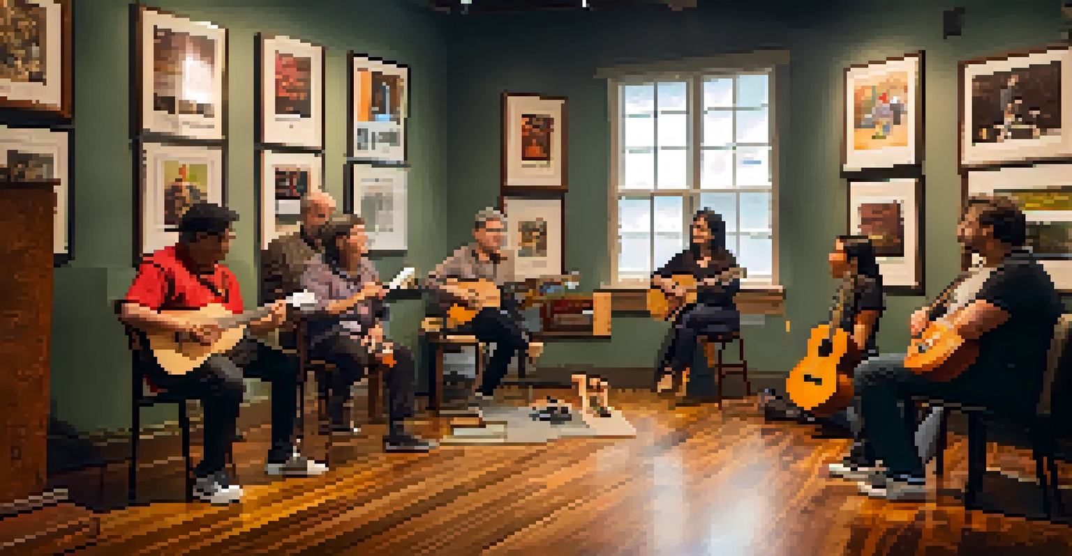 A mentor teaching a diverse group of beginners in a cozy workshop setting, with ukuleles and inspirational posters.