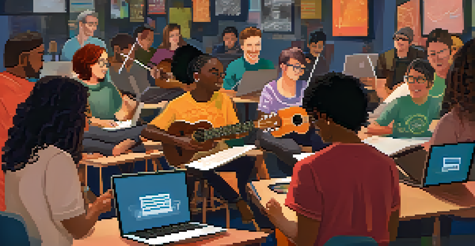 Participants in an online ukulele workshop, engaged in discussion with musical notes and instruments in the background, depicting creativity.