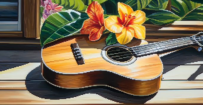 A ukulele on a wooden table with tropical flowers and a blurred beach scene in the background.