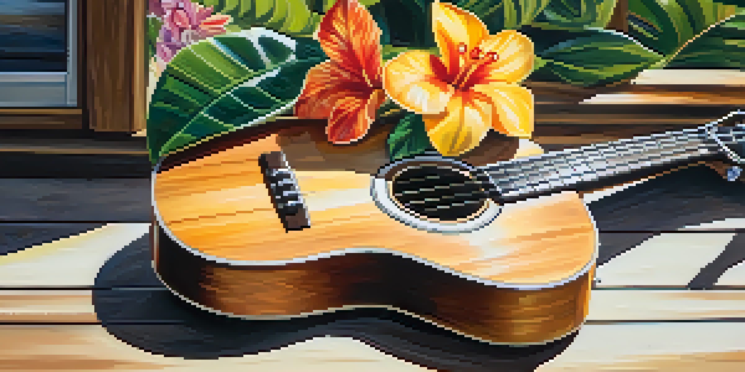A ukulele on a wooden table with tropical flowers and a blurred beach scene in the background.