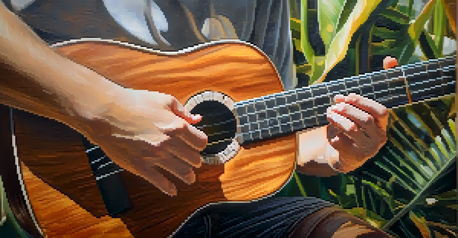 Close-up of hands strumming a ukulele in soft sunlight, with a blurred background of greenery and music sheets.