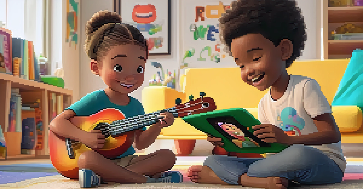 A child watching an engaging online ukulele lesson on a tablet, smiling while strumming a ukulele in a bright room filled with art supplies.