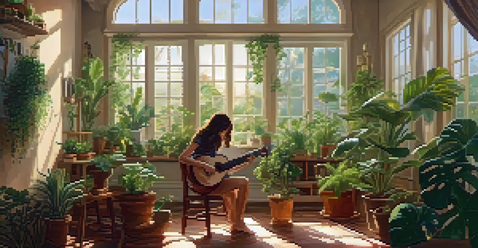 A cozy indoor room with a person playing a ukulele surrounded by plants.