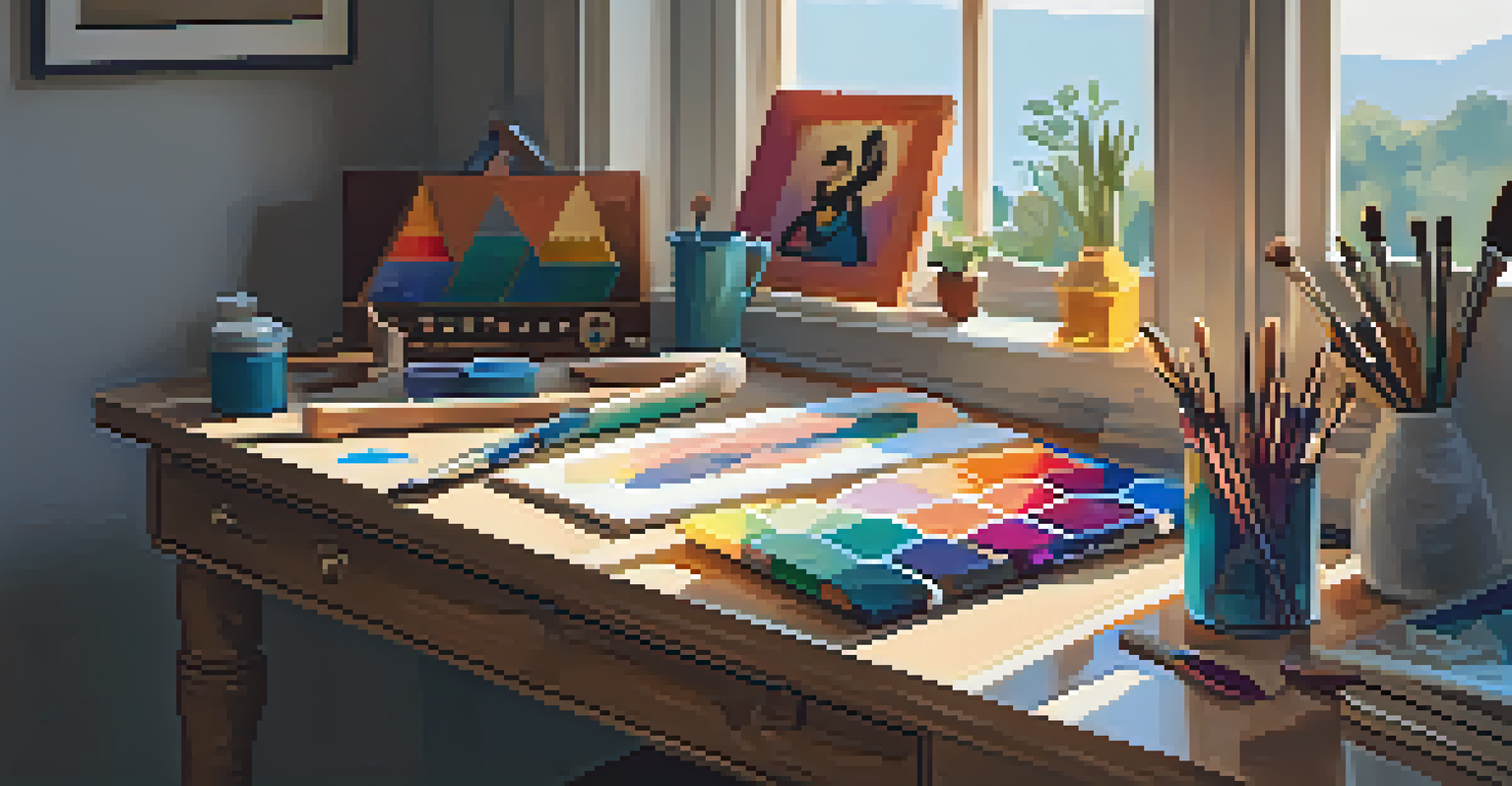 An artist's workspace with a partially painted ukulele, brushes, and colorful paints under warm natural light.