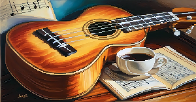 A ukulele on a wooden table with sheet music and a cup of coffee, illuminated by soft natural light.