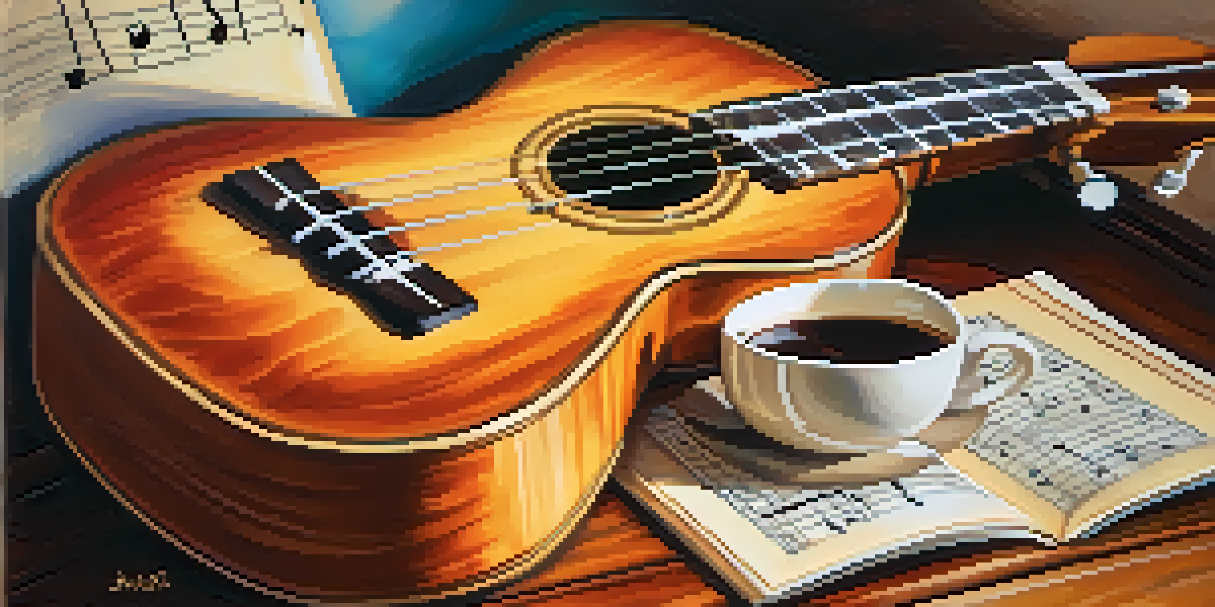 A ukulele on a wooden table with sheet music and a cup of coffee, illuminated by soft natural light.