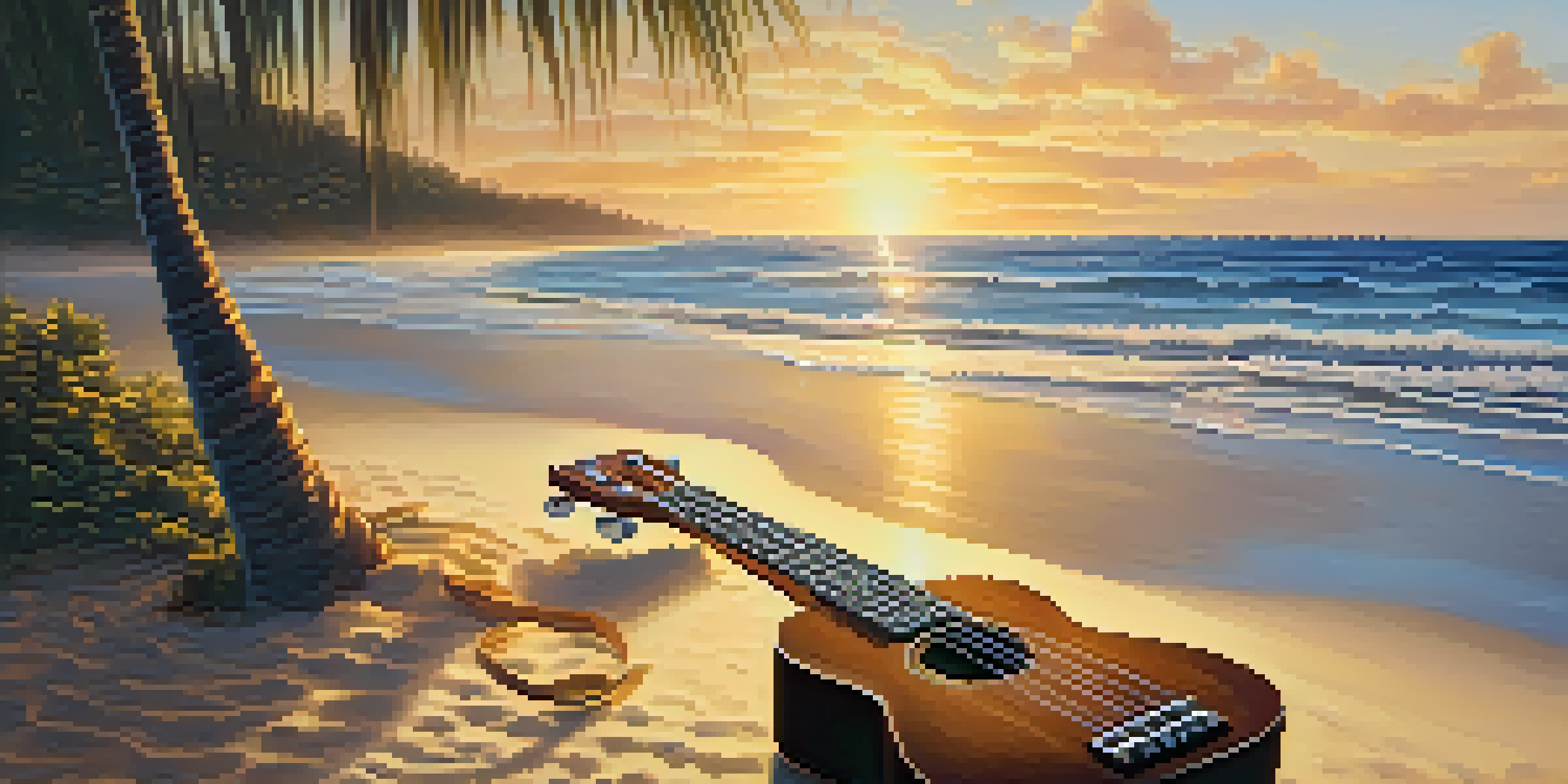 A soprano ukulele on a sandy beach at sunset, with palm trees and ocean waves.