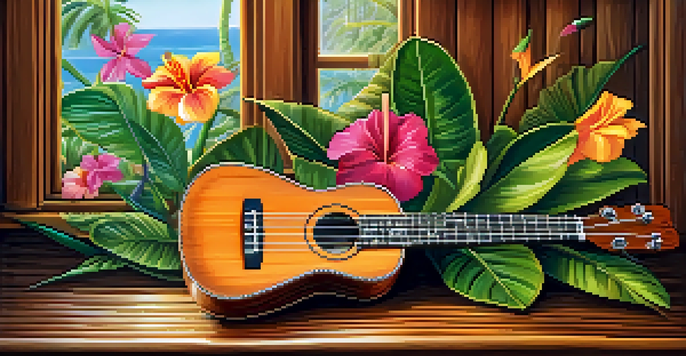 A Kala Ukulele on a wooden table with tropical flowers around it, illuminated by soft natural light.