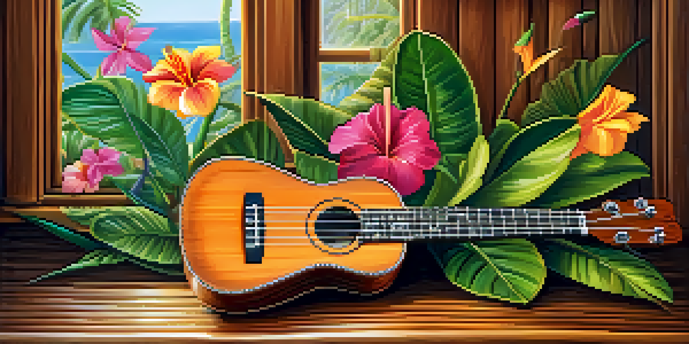 A Kala Ukulele on a wooden table with tropical flowers around it, illuminated by soft natural light.