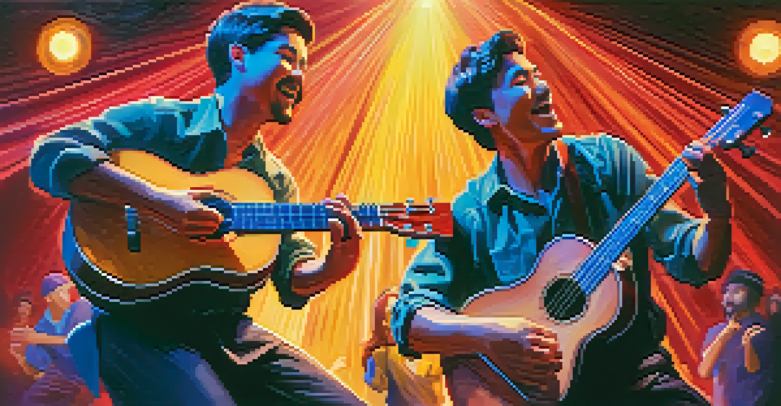 Two ukulele players performing on stage with colorful lights and an engaged audience.