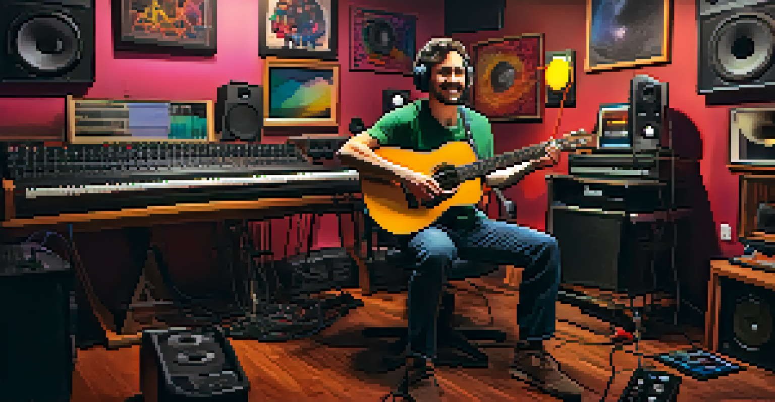 An artist happily playing the ukulele in a warm, cozy recording studio filled with sound equipment and soft furnishings, with colorful sound wave graphics overlaying the scene.