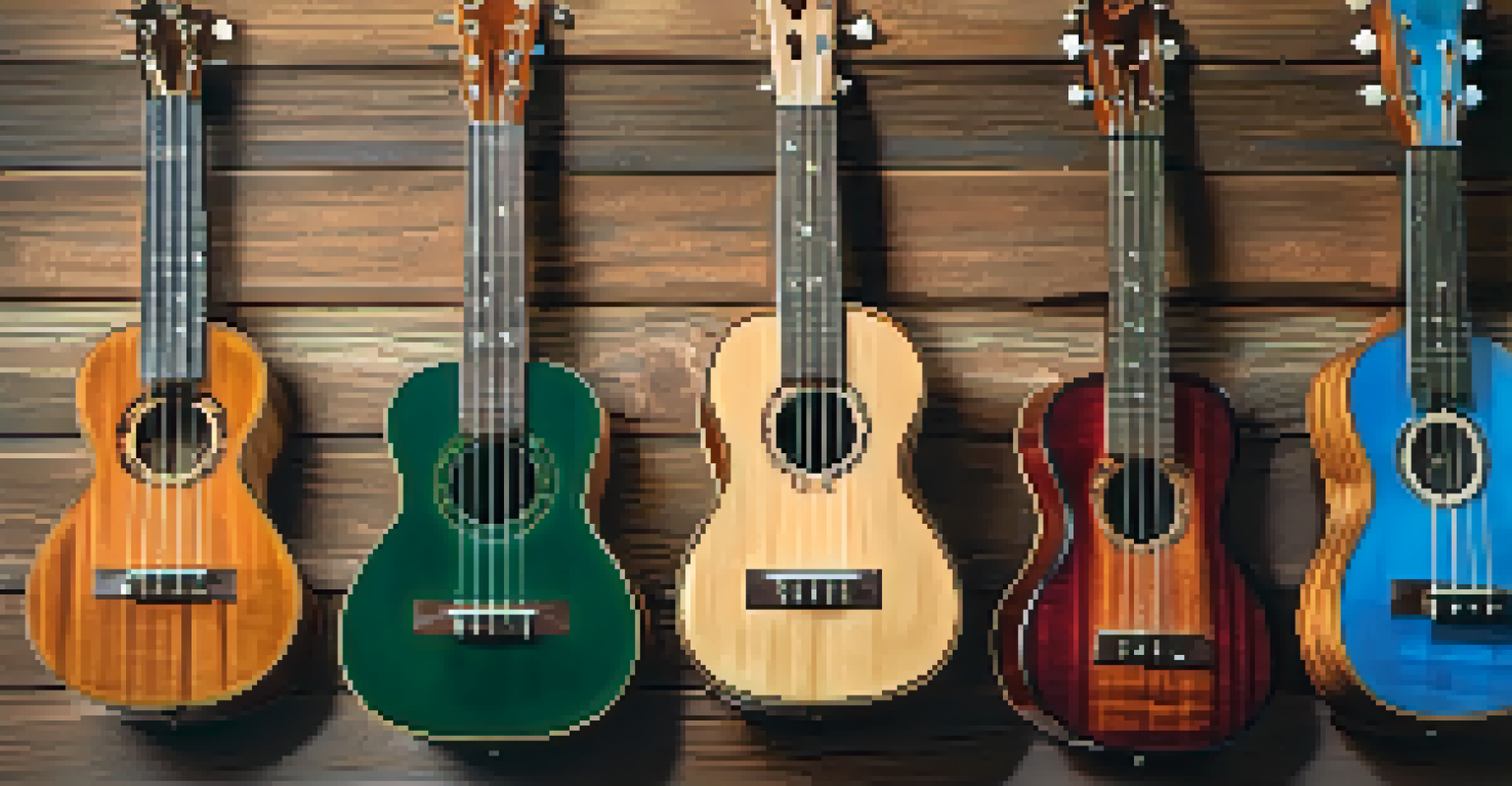 Arrangement of different types of ukuleles on a rustic wooden surface, showcasing various wood types and finishes.