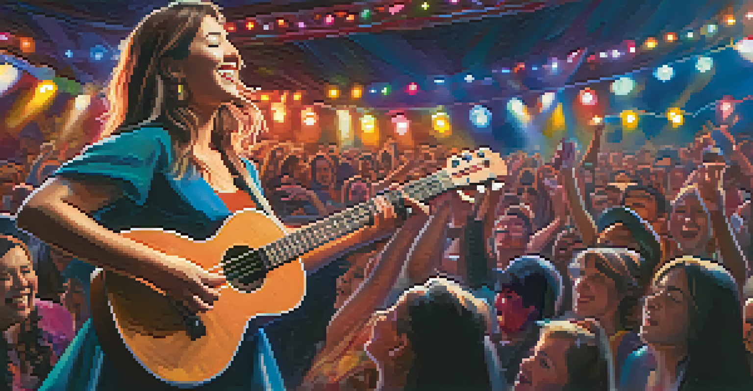 A performer playing a ukulele on stage at a concert, surrounded by colorful lights and an engaged audience.