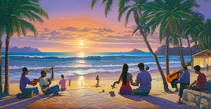 A group of musicians playing ukuleles on a beach at sunset, with vibrant colors in the sky and palm trees around them.