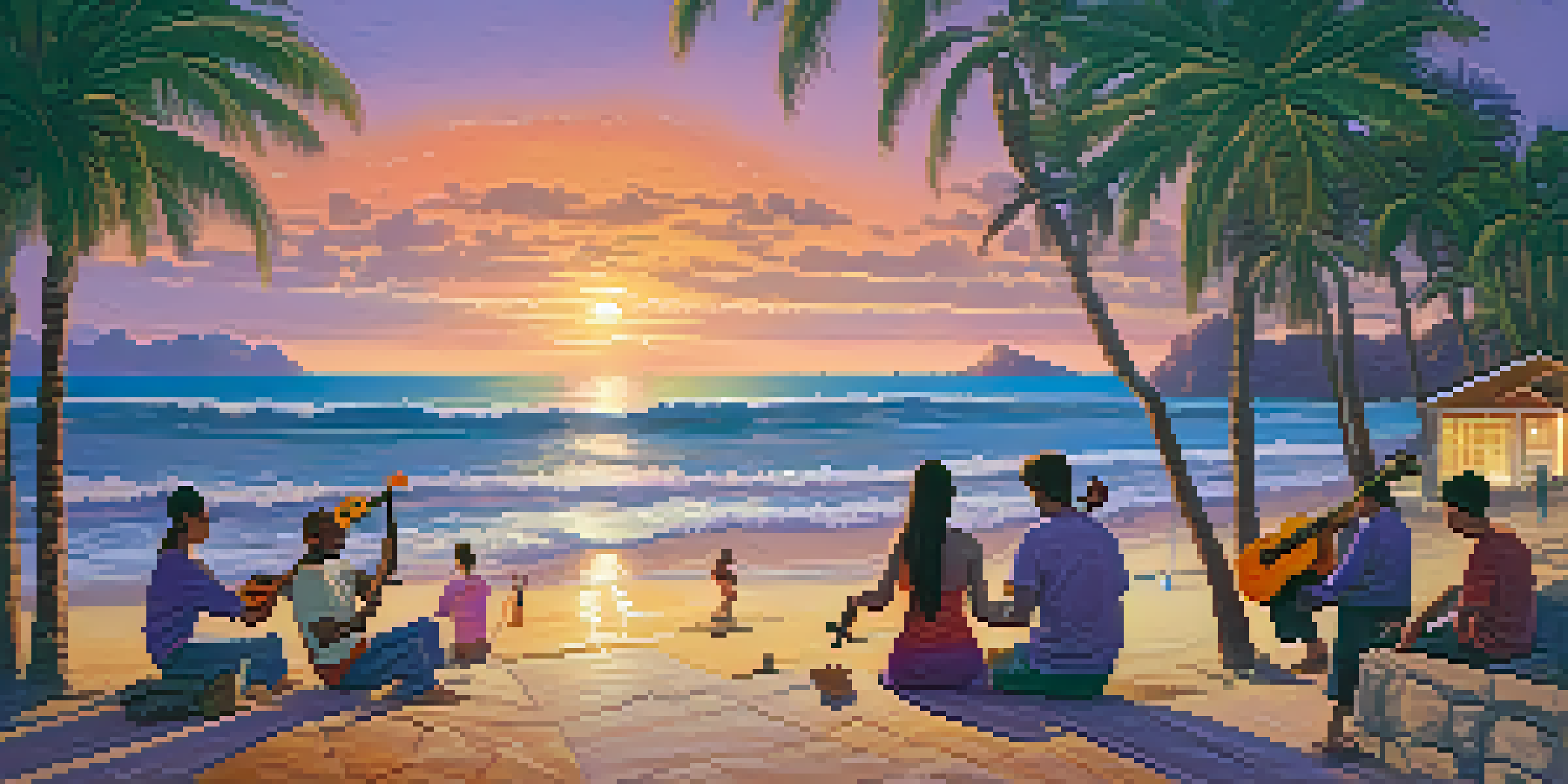 A group of musicians playing ukuleles on a beach at sunset, with vibrant colors in the sky and palm trees around them.