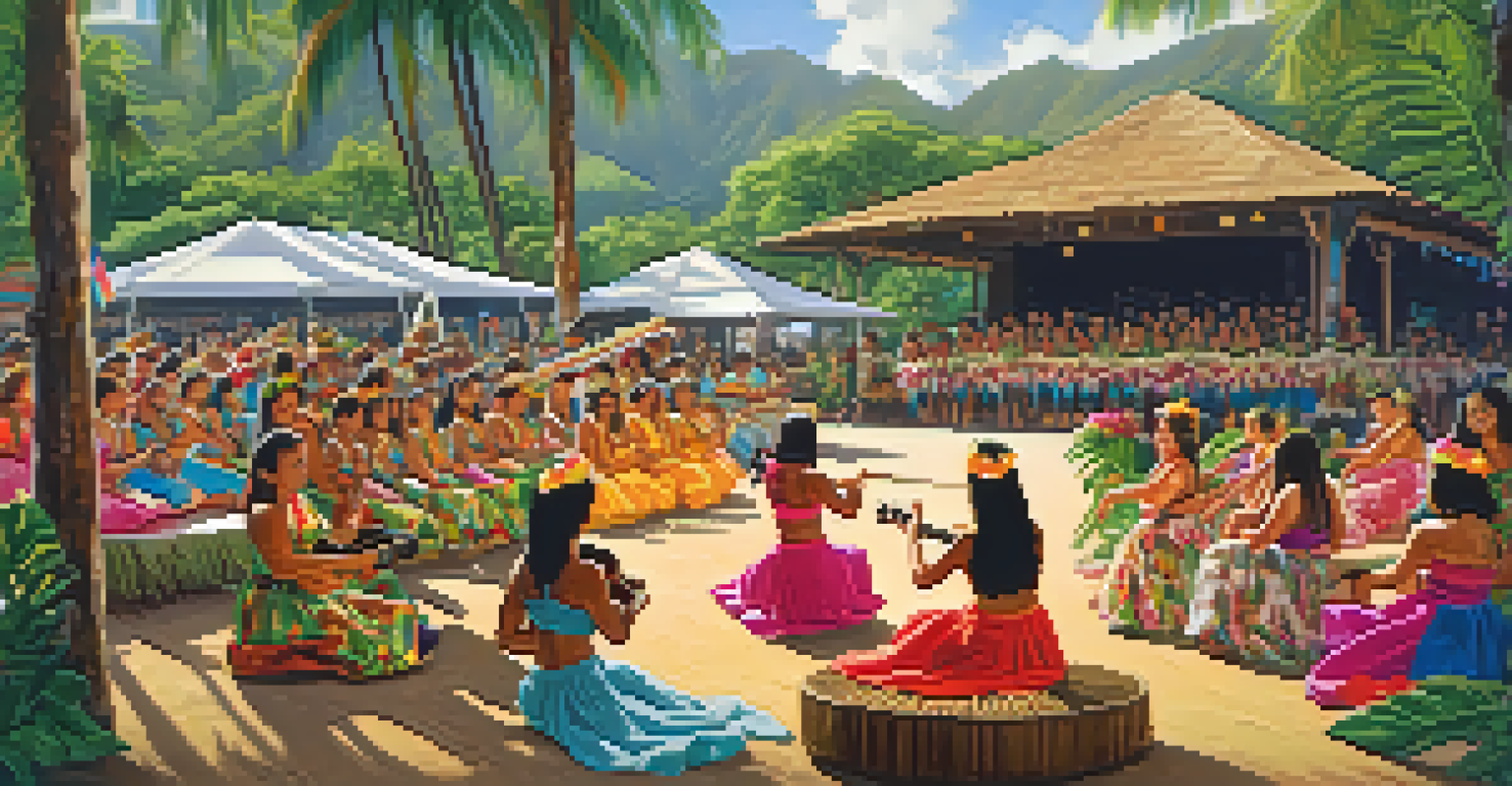 A Hawaiian cultural festival featuring hula dancers and ukulele players, surrounded by vibrant decorations and an engaged audience.
