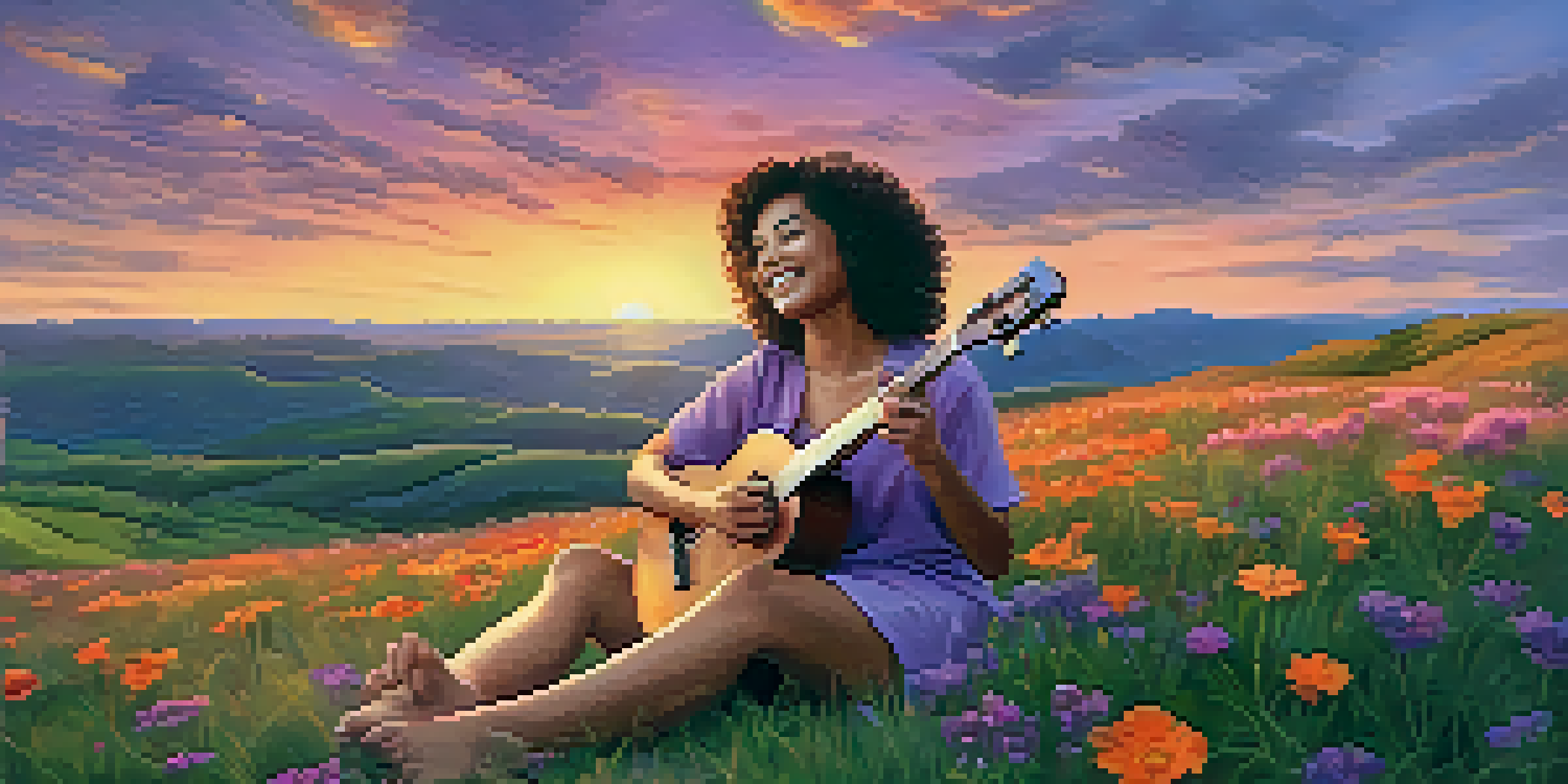 A woman with curly hair playing a ukulele on a grassy hill during a colorful sunset.