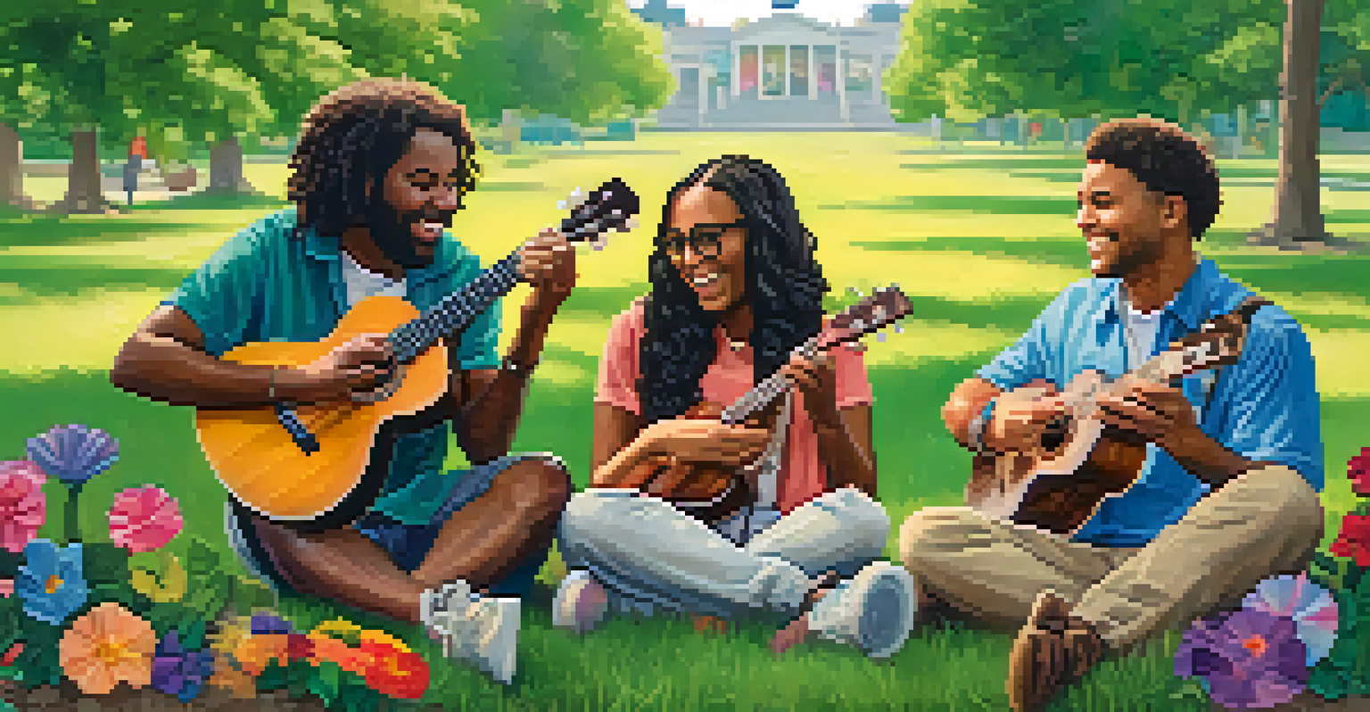 A group of musicians playing ukuleles together in a sunny park, surrounded by nature.