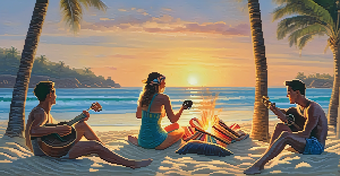 A group of friends playing ukuleles around a beach bonfire during sunset, with palm trees in the background.