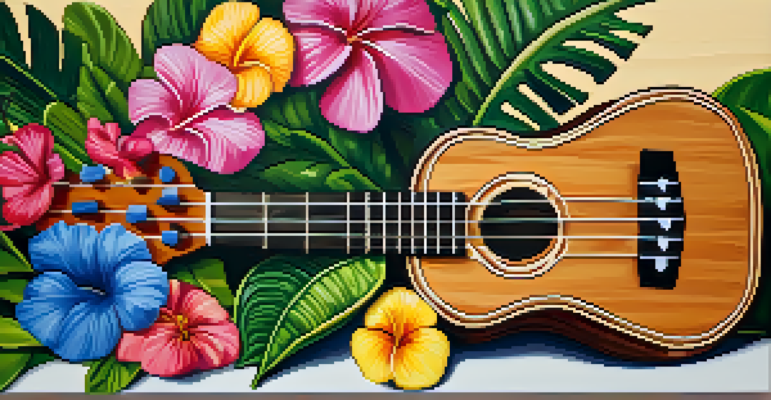 A close-up of a polished ukulele on a table with tropical flowers in the background, showcasing its craftsmanship.