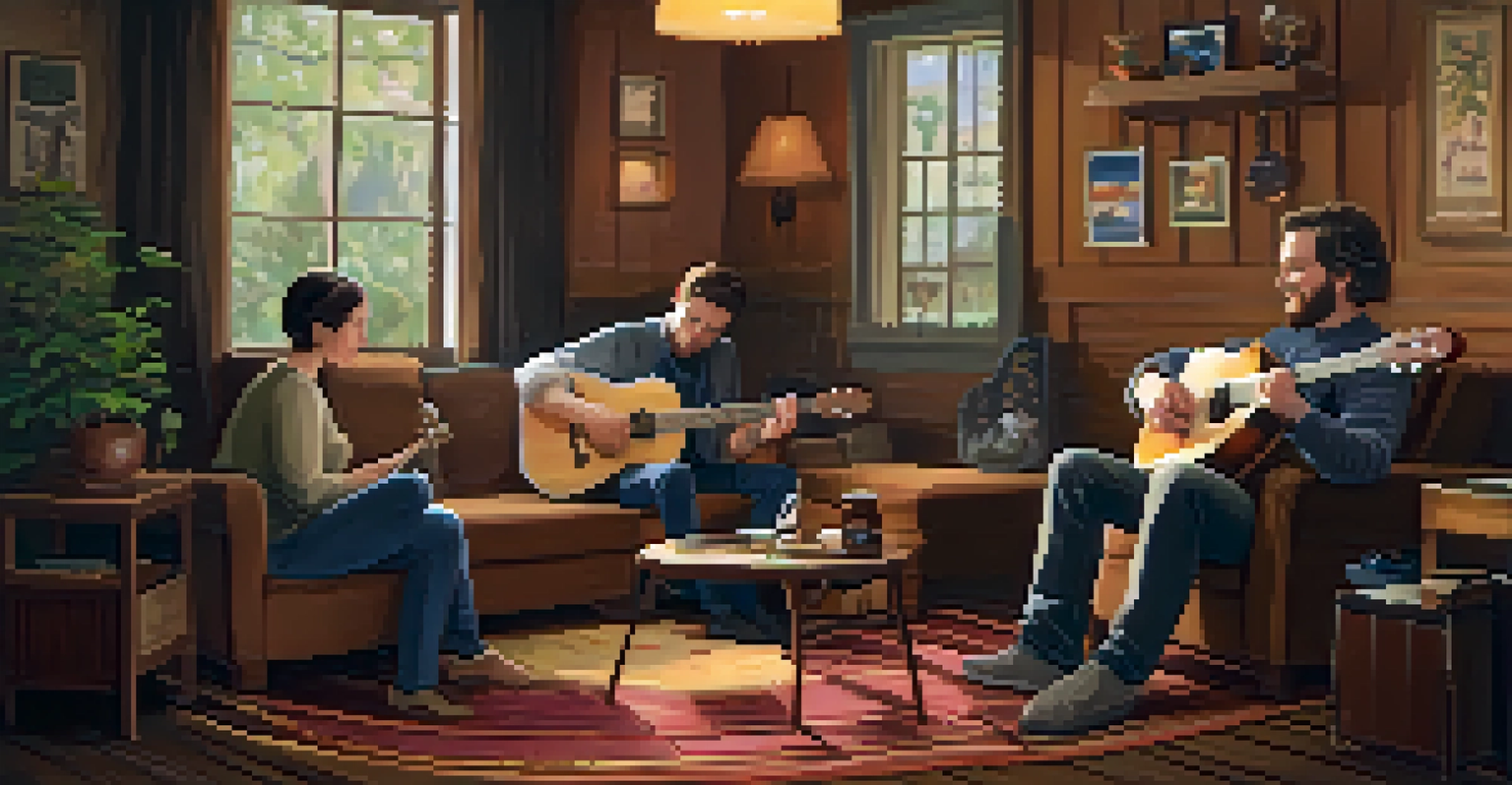 An experienced ukulele player teaching fingerpicking techniques to beginners in a cozy living room setting.