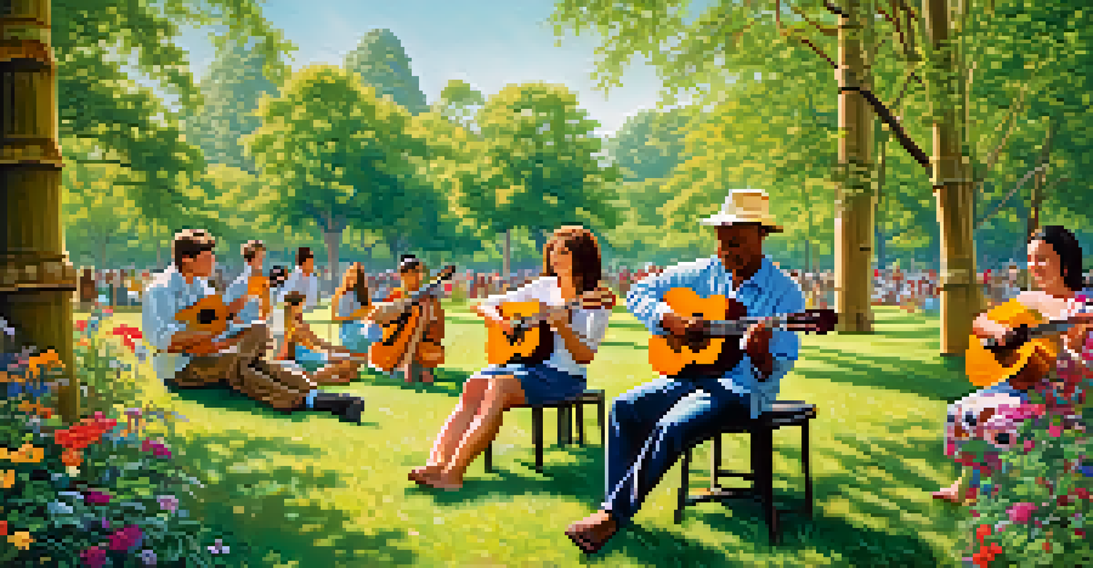 Musicians playing bamboo ukuleles in a sunny park surrounded by greenery and flowers.