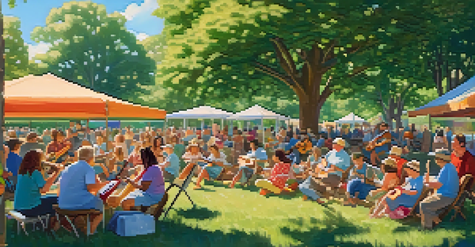 A lively outdoor gathering where people of all ages are playing ukuleles together in a park, surrounded by trees and a bright blue sky.
