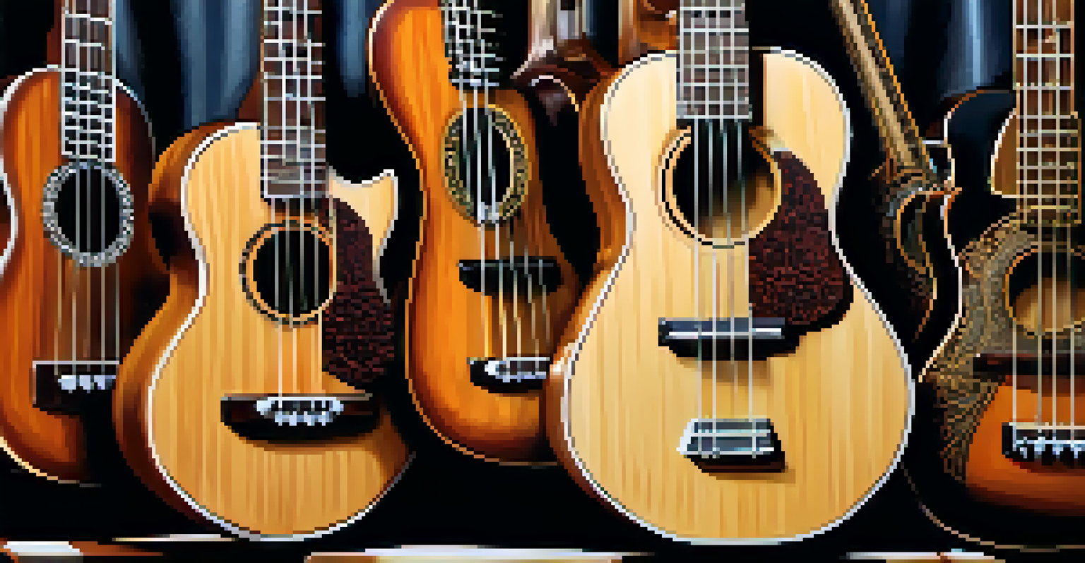 A close-up of a ukulele in front of heavy metal instruments, showcasing the contrast in textures and colors.