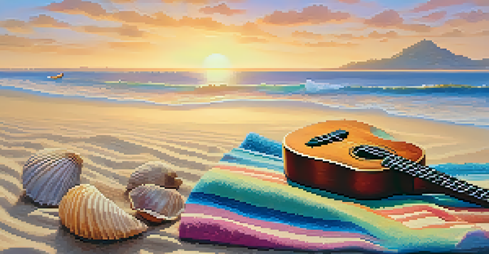 A wooden ukulele on a beach towel with a sunset in the background, seashells on the sand.