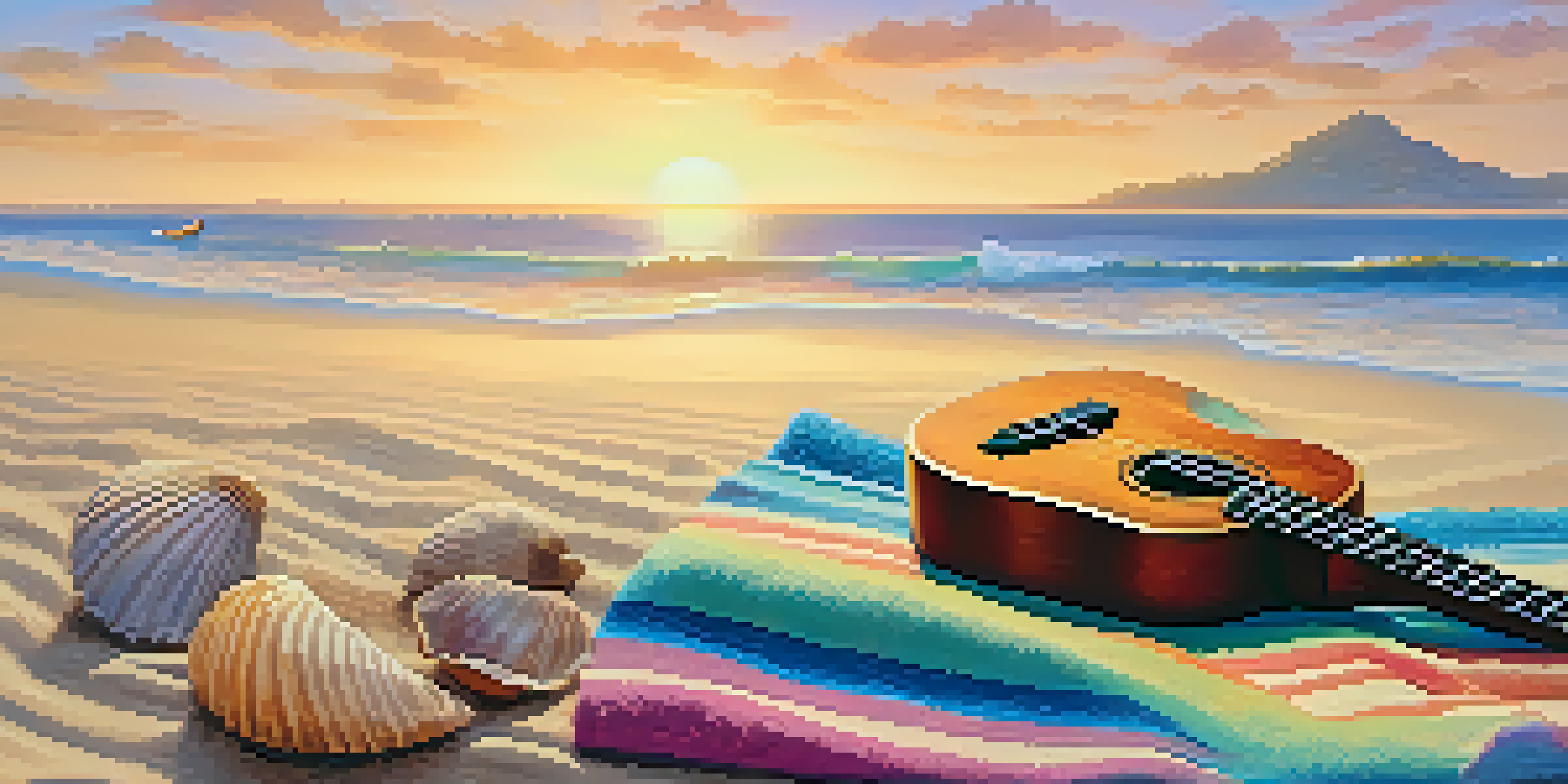 A wooden ukulele on a beach towel with a sunset in the background, seashells on the sand.