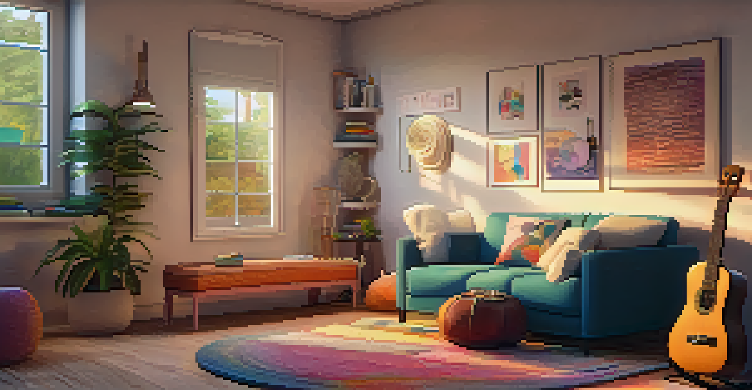 A comfortable therapy space featuring a ukulele, cushions, and a journal, designed for creative expression.