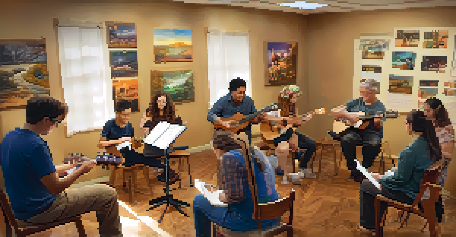 An intimate ukulele workshop with an instructor teaching a small group of learners.