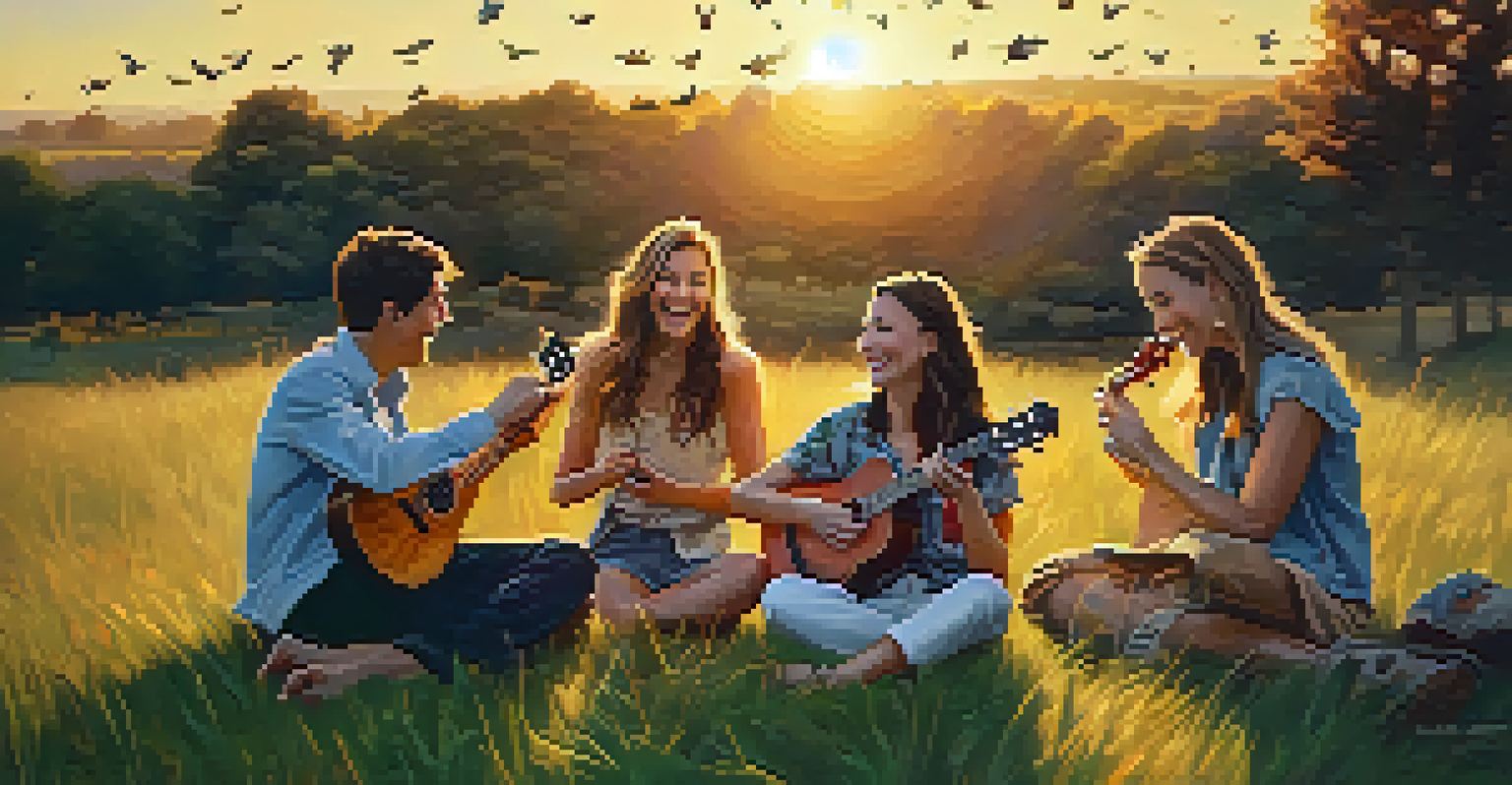A group of friends playing ukuleles in a grassy field during sunset, surrounded by a warm golden light.