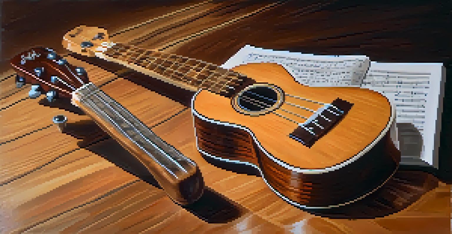 A close-up of a ukulele on a wooden stage with dancers' feet practicing in the background, illuminated by soft stage lighting.