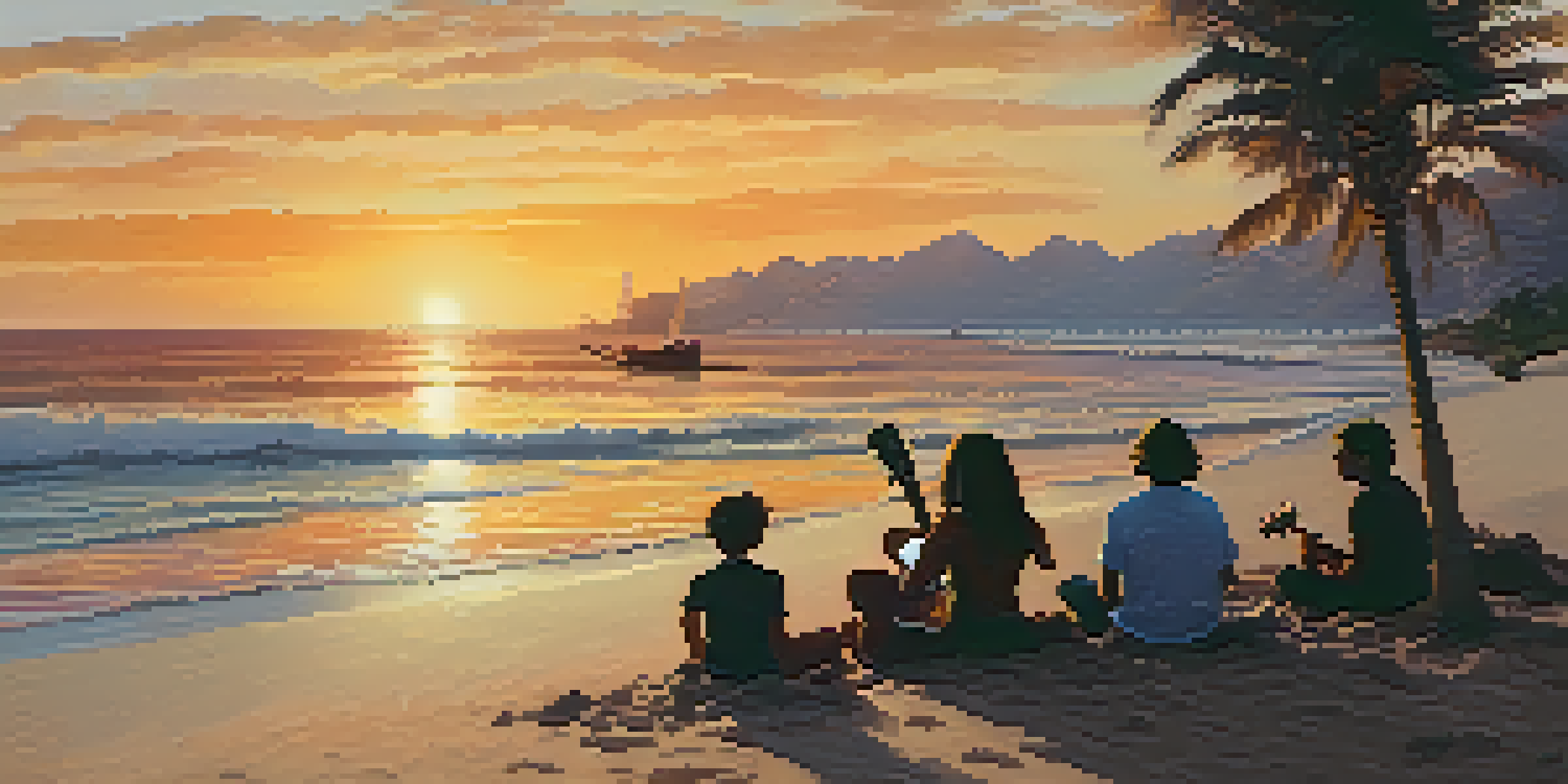 A ukulele player strumming by a bonfire on the beach during sunset, surrounded by friends enjoying the warm atmosphere.