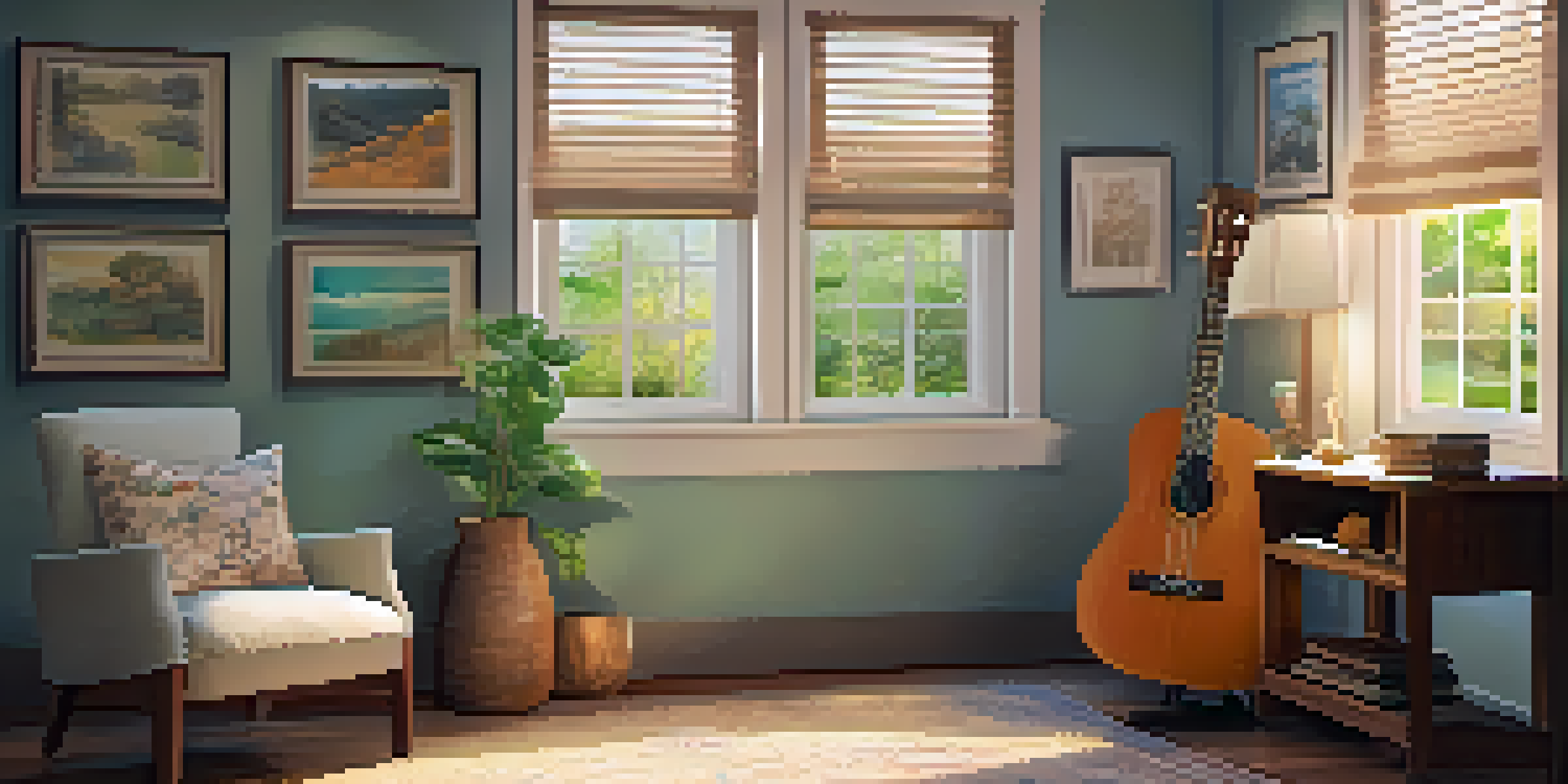 A cozy therapy room with soft lighting, a comfortable chair, and a ukulele on a table, designed for emotional exploration.