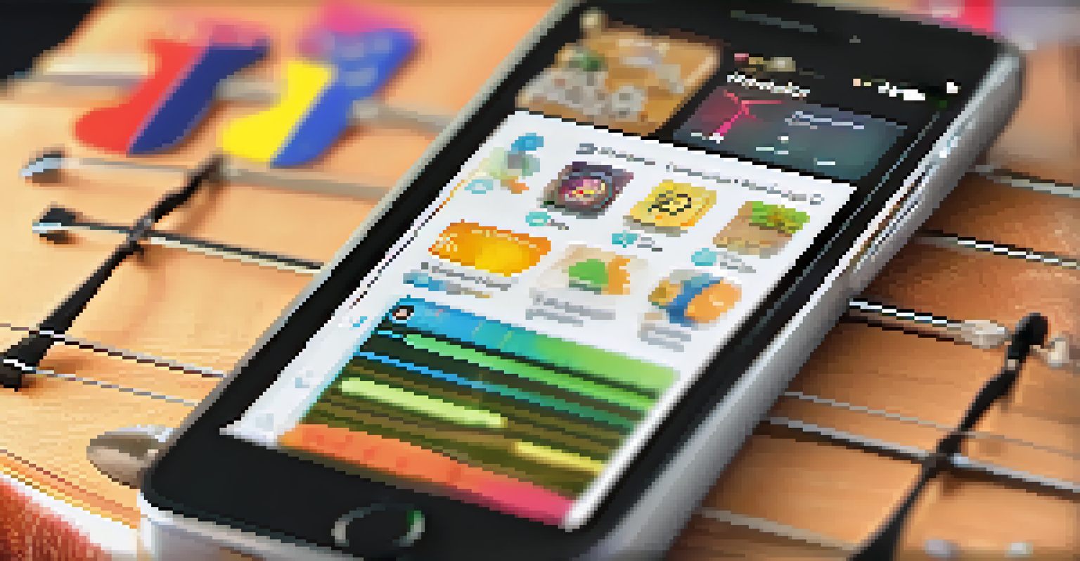 Close-up of a smartphone showing a ukulele learning app with colorful icons and features, set against a bright background.