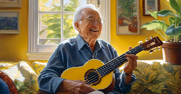 An elderly man playing a yellow ukulele in a sunny living room surrounded by plants and family photos.