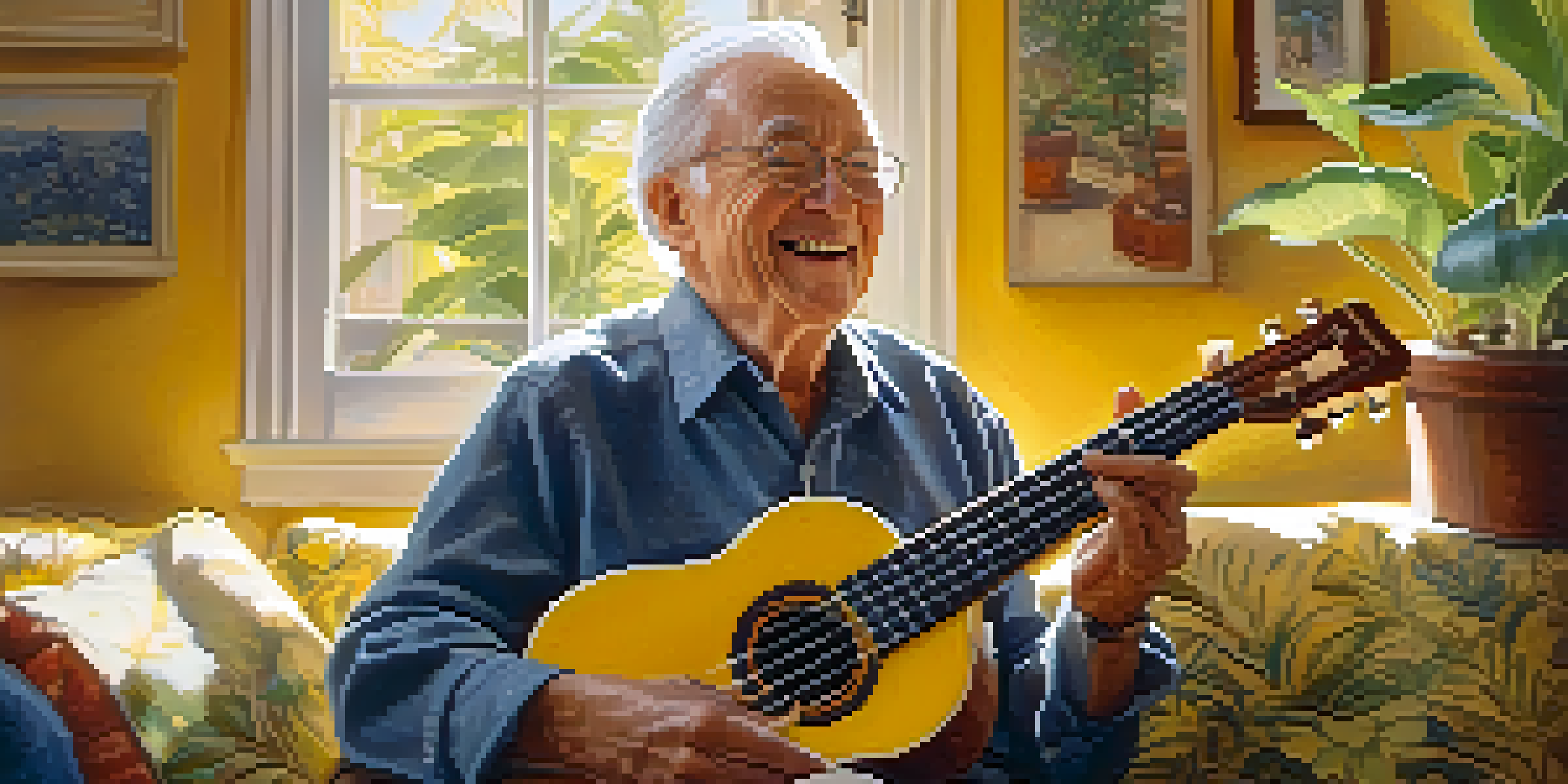 An elderly man playing a yellow ukulele in a sunny living room surrounded by plants and family photos.