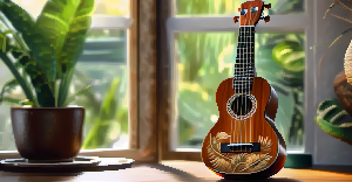 A close-up view of a ukulele on a wooden table, bathed in warm sunlight with tropical plants in the background.