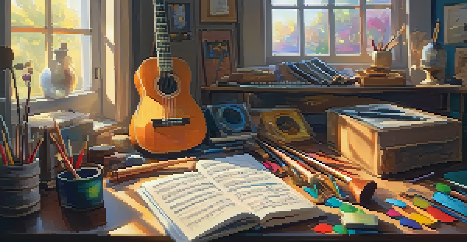 An artistic workspace featuring a ukulele, a notebook, and art supplies, bathed in warm sunlight.