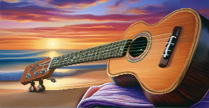 A wooden ukulele on a beach towel with a colorful sunset and waves in the background.